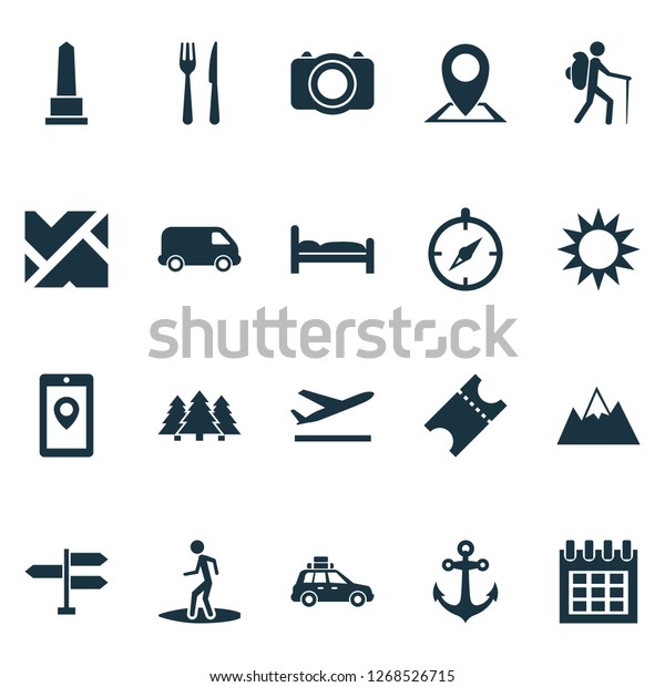 Traveling\
icons set with suv, roads, mountains and other guide elements.\
Isolated vector illustration traveling\
icons.