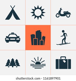 Traveling icons set with taxi, moped, suitcase and other tree elements. Isolated vector illustration traveling icons.