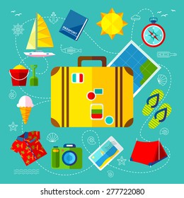 Traveling Icons Set with Things for Planning a Vacation in Flat Design