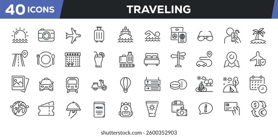 Traveling  icons set. Web line icons collection related tourism, holiday, vacation. Perfect pixel vector illustration isolated on white background.
