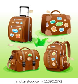Traveling icons of a suitcase, bag, briefcase and backpack. Detailed vector items