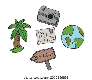 Traveling illustration image. 
Hand drawn image artwork of a traveling icons. 
Simple cute original logo.
Hand drawn vector illustration for posters, cards, t-shirts.