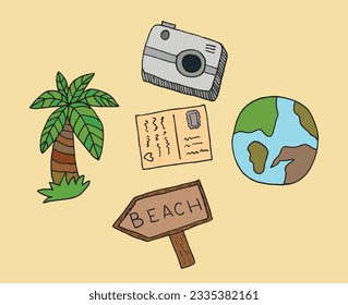 Traveling illustration image. 
Hand drawn image artwork of a traveling icons. 
Simple cute original logo.
Hand drawn vector illustration for posters, cards, t-shirts.