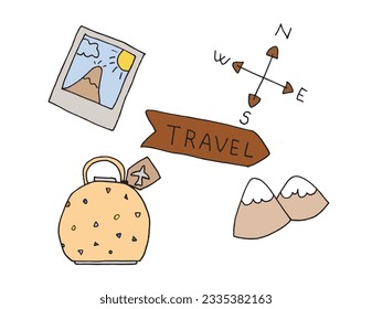 Traveling illustration image. 
Hand drawn image artwork of a traveling icons. 
Simple cute original logo.
Hand drawn vector illustration for posters, cards, t-shirts.