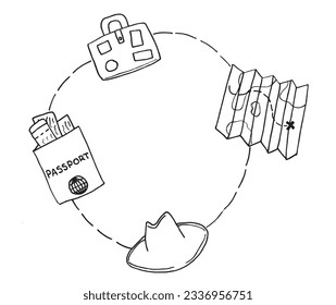 Traveling illustration image. 
Hand drawn image artwork of a traveling icons. 
Simple cute original logo.
Hand drawn vector illustration for posters, cards, t-shirts.