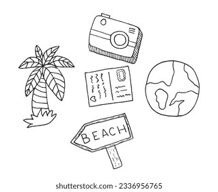Traveling illustration image. 
Hand drawn image artwork of a traveling icons. 
Simple cute original logo.
Hand drawn vector illustration for posters, cards, t-shirts.