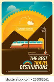 Ilustración itinerante con tren. Ilustración vectorial.