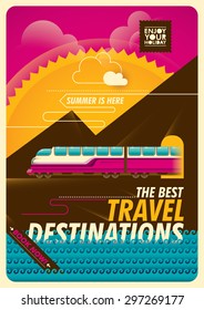 Traveling illustration with train. Vector illustration.