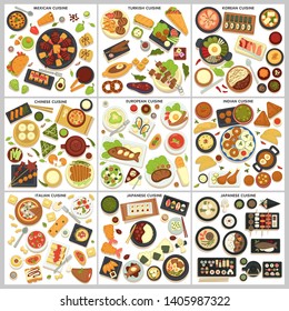 Traveling international cuisine menu food and cooking dishes vector Mexican and turkish Korean and Chinese European and Indian Italian and Japanese meals meat fish and desserts ingredients and drinks