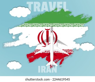 Traveling to Iran, top view passenger plane on Iran flag with clouds and weather, country tourism banner idea, vector design, brush splash