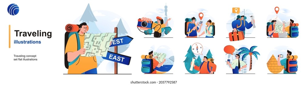 Traveling isolated set. Travelers on vacation, hiking, journey and adventure. People collection of scenes in flat design. Vector illustration for blogging, website, mobile app, promotional materials.