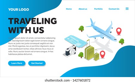 traveling isometric creative illustration landing page template vector of graphic , people in traveling isometric illustration vector , vector traveling isometric for website landing page template