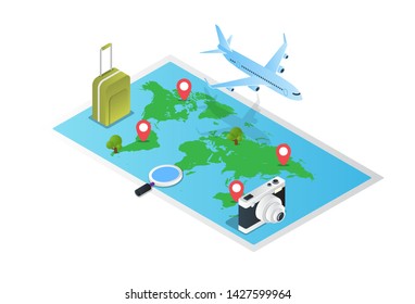 traveling isometric creative illustration vector of graphic , people in traveling isometric illustration vector , vector traveling isometric for website landing page