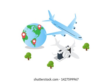 traveling isometric creative illustration vector of graphic , people in traveling isometric illustration vector , vector traveling isometric for website landing page