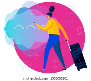 Traveling ith voice assistant Concept Banner. Trendy Character Design Illustration