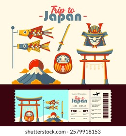 Traveling to Japan. Koinobori, Torii, Daruma and Mount Fuji cartoon elements. Suitable for events and holidays