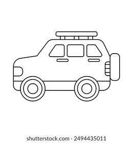 Traveling jeep black and white flat vector icon design with editable stroke