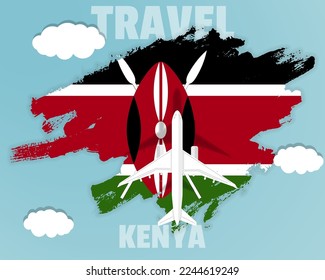 Traveling to Kenya, top view passenger plane on Kenya flag with clouds and weather, country tourism banner idea, vector design, brush splash