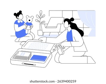 Traveling with kids isolated cartoon vector illustrations. Young smiling woman packing luggage with kid, prepare for vacation with baby, travelling time, journey planning vector cartoon.