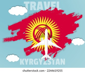 Traveling to Kyrgyzstan, top view passenger plane on Kyrgyzstan flag with clouds and weather, country tourism banner idea, vector design, brush splash