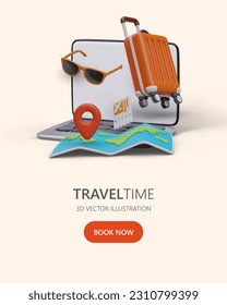 Traveling with laptop. Vacation for freelancer, remote manager. Combination of work and vacation. Resorts with good Internet access. Business control from resort. Promotional poster, 3D illustration