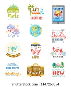 Traveling lettering vector adventure sign and journey typographic print illustration set of trip inspirations to travel isolated on white background