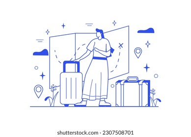 Traveling line concept with people scene in the flat cartoon design. The girl goes on a long journey. Vector illustration.