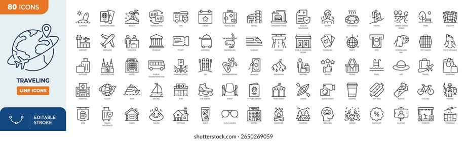 conjunto de ícones editáveis de linha itinerante. Contém ícones relacionados a férias, férias, lazer, entretenimento, viagens, turismo e muito mais. Traçado editável. Ilustração vetorial