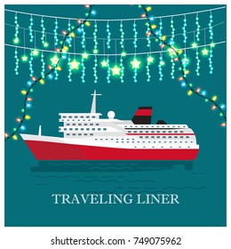 Traveling liner festival on cruise ship visualization with large vessel on water and lights with confetti vector of voyage advertisement tickets