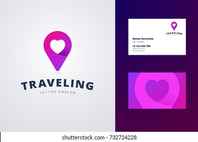 Traveling Logo And Business Card Template. Map Pin With Heart Shape In Modern Line Origami Style With Shadow Effect. For Travel Agency, Tourism And Others. Vector Illustration.