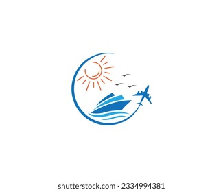 Traveling logo design with boat beach symbol vector icon template.
