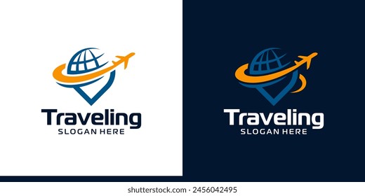 Traveling Logo design. Pinpoint location logo with globe abstract and plane logo design graphic symbol icon vector