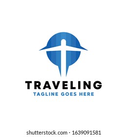 Traveling logo design vector template with Blue Plane Concept style. Vacation and Adventure icon for Cargo, destination, transportation, trip, Company And Business.