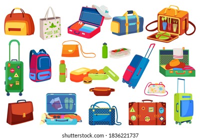 Traveling luggage icons isolated vector illustrations set. Suitcase for trip, open travel bag, journey baggage and tourists item. Packing luggage for summer voyage with stickers, travellers briefcase.