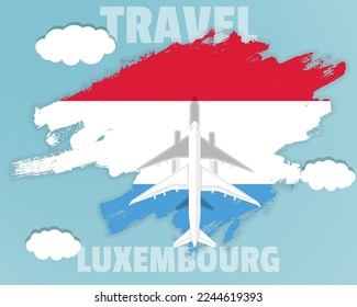 Traveling to Luxembourg, top view passenger plane on Luxembourg flag with clouds and weather, country tourism banner idea, vector design, brush splash
