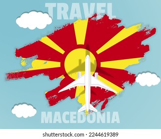 Traveling to Macedonia, top view passenger plane on Macedonia flag with clouds and weather, country tourism banner idea, vector design, brush splash
