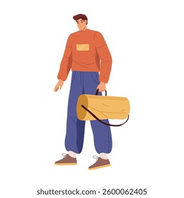 Traveling male character carrying bag in hands. Vector isolated man going on business or family trip, vacation or holiday. Commuting to work, passenger waiting for transport, traveler with sack