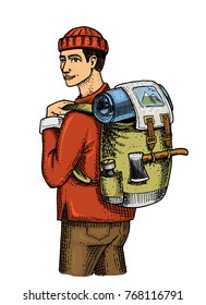 Traveling man with backpack and luggage. camping trip, outdoor adventure, hiking. Hipster tourism. engraved hand drawn in old sketch, vintage style for vacation tour.