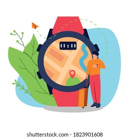 Reisende, die sich die Karte durch ein smartes Design mit einer Armbanduhr ansehen