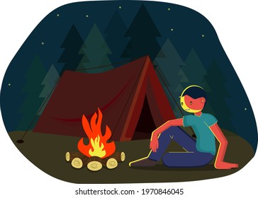 A traveling man sits on the grass by the fire. A young man is sitting by the fire. Smiling tourist resting by the fire. Vector flat design illustration in circle isolated on background.
