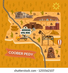 Traveling map of coober pedy town. Australian city map with landmarks. Catholic and Serbian orthodox church, Ralph Cooper Hutchinson monument, spaceship, Tom’s and Umoona Opal mine, museum