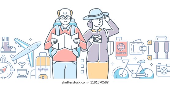 Traveling - modern colorful line design style illustration on white background. High quality composition with senior couple, man and woman, tourists standing with map, camera, passport, compass