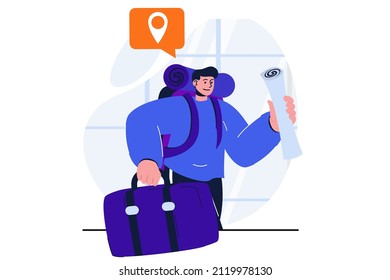 Traveling modern flat concept for web banner design. Man with backpack and luggage goes on trip. Tourist go on vacation for recreation and sightseeing. Vector illustration with isolated people scene