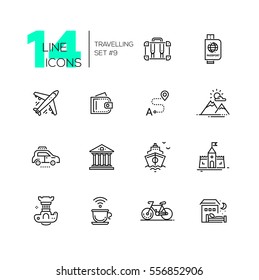 Viajar - modernos iconos de diseño de líneas vectoriales. Maleta, pasaporte, avión, billetera, ruta, montañas, museo de coche barco castillo cámara digital copa hotel en bicicleta