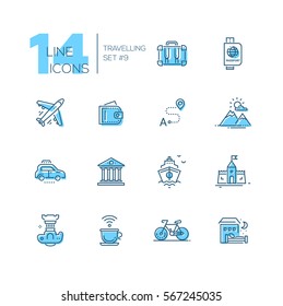 Traveling - modern vector line design icons set with accent color. Suitcase, passport, plane, wallet, route, mountains, car, museum, ship, castle, cup, bicycle, hotel. Material design concept symbols