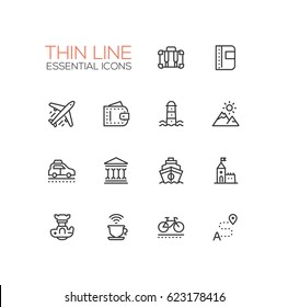 Traveling - modern vector line design icons set. Suitcase, passport, plane, wallet, route, mountains, car museum ship castle digital camera cup bicycle hotel