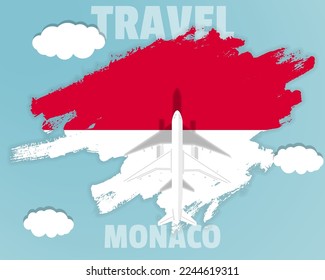 Traveling to Monaco, top view passenger plane on Monaco flag with clouds and weather, country tourism banner idea, vector design, brush splash