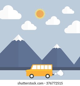 Traveling to the mountain by car. Vector illustration flat style