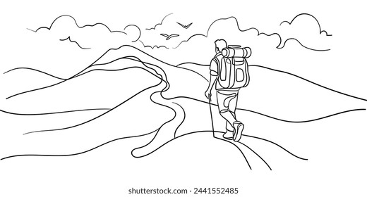 Traveling in mountains. Traveler line art drawing isolated on white background. Hiking trip to the top of the mountain. Black and white. Vector illustration