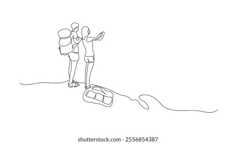 Traveling in mountains. Traveler line art drawing isolated on white background. Hiking trip to the top of the mountain. Black and white. Vector illustration. Hand made vector not AI